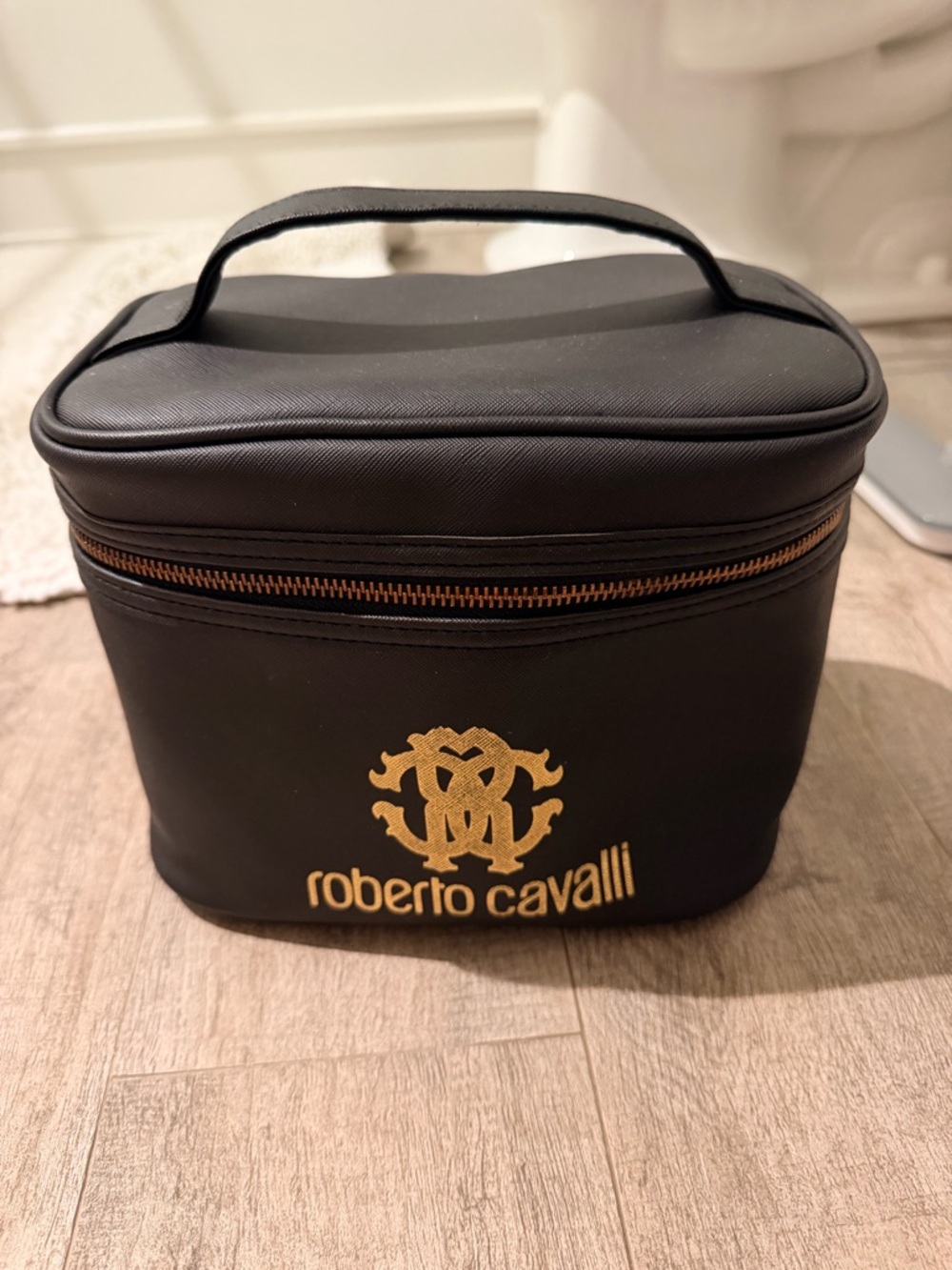 Roberto Cavalli Black and Gold Vanity Case with Top Handle
